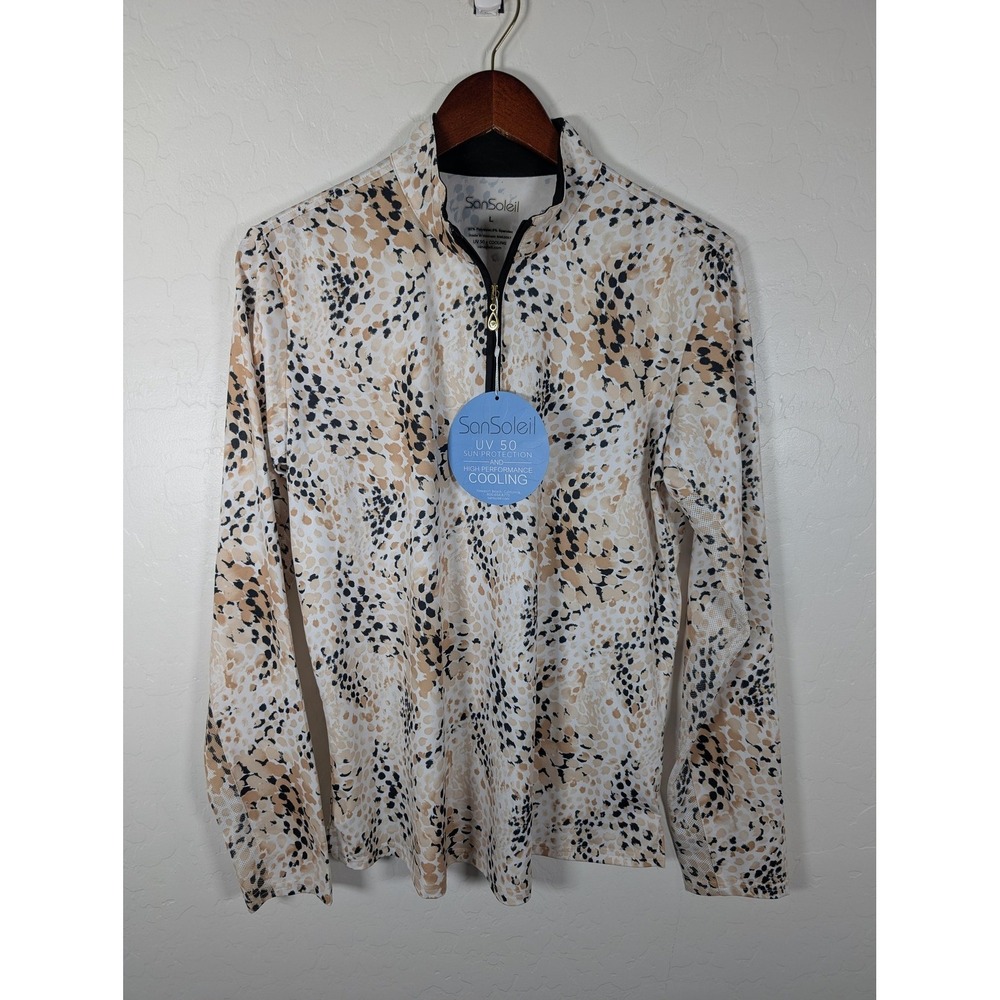 SanSoleil Shirt Womens Large Beige Animal Print Quarter Zip UV 50 Golf Tennis